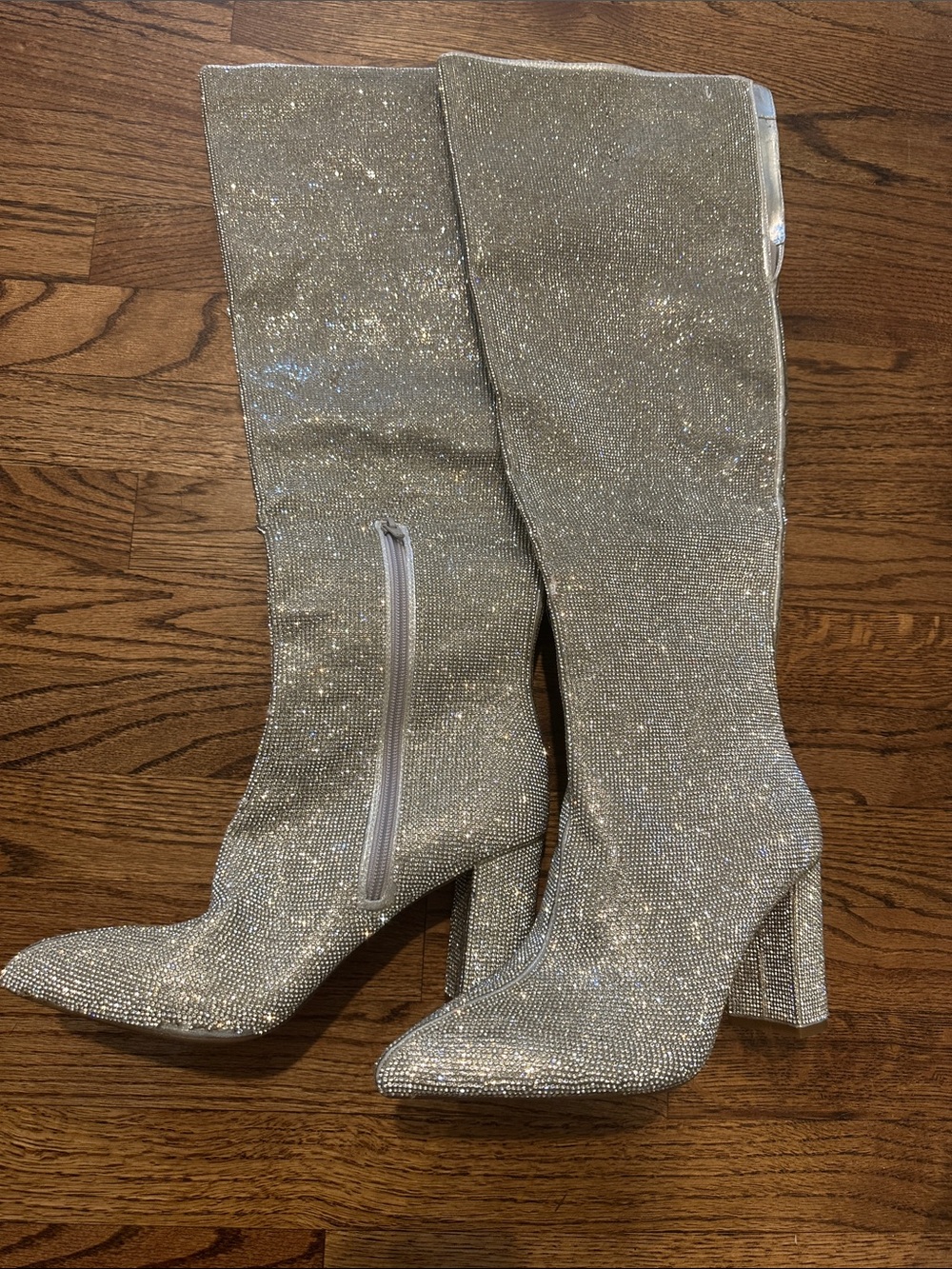 EUC INC Sz 9M Phebe Silver Sparkle Knee-High Block Heel Boots